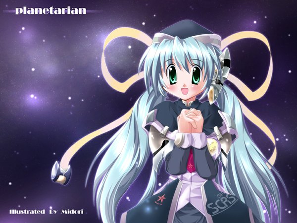 Anime picture 1024x768 with planetarian hoshino yumemi single long hair blush open mouth simple background twintails green eyes blue hair inscription space girl ribbon (ribbons) hair ribbon