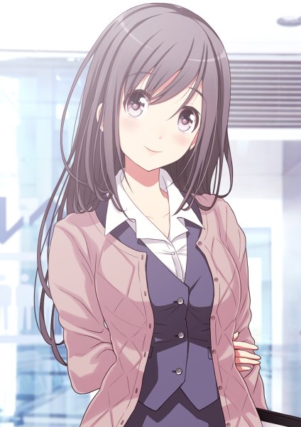 Anime picture 848x1200 with original v-mag single long hair tall image looking at viewer blush fringe smile brown hair purple eyes open collar arm behind back girl