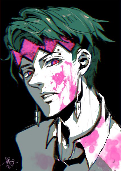 Anime picture 678x958 with jojo no kimyou na bouken kishibe rohan fan ju single tall image looking at viewer short hair simple background signed pink eyes green hair piercing black background portrait open collar eyebrow piercing boy earrings shirt necktie