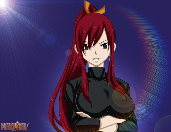 Anime picture 1200x926 with fairy tail erza scarlet gold-mk single long hair smile brown eyes ponytail red hair sunlight inscription coloring crossed arms girl ribbon (ribbons) hair ribbon earrings