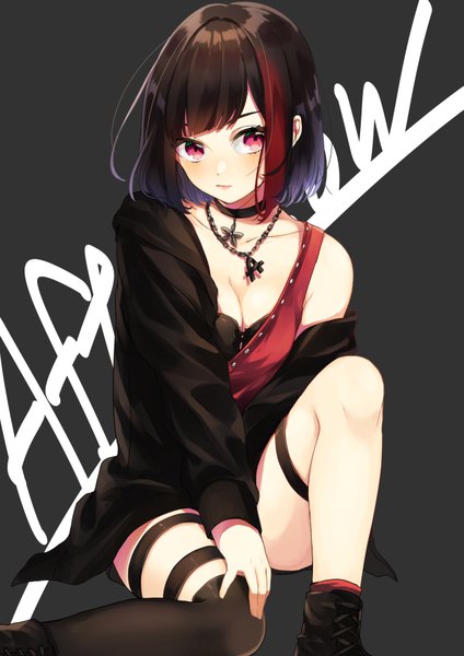Anime picture 4961x7016 with bang dream! mitake ran shinotarou (nagunaguex) single tall image looking at viewer blush fringe highres short hair breasts black hair simple background sitting absurdres cleavage pink eyes multicolored hair off shoulder two-tone hair