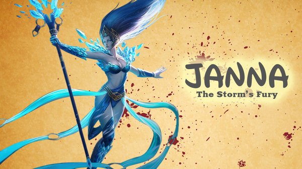 Anime picture 1920x1080 with league of legends janna windforce single long hair highres breasts blue eyes simple background wide image inscription midriff pale skin girl belt staff tiara ice