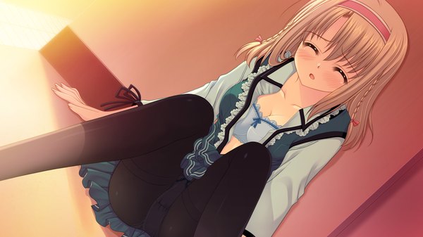 Anime picture 1280x720 with world wide love! (game) touno sakurako long hair blush light erotic blonde hair wide image game cg eyes closed pantyshot sitting girl uniform school uniform