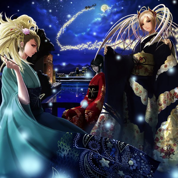 Anime picture 1200x1200 with original tachikawa mushimaro (bimo) long hair looking at viewer fringe black hair blonde hair sitting multiple girls brown eyes cloud (clouds) traditional clothes japanese clothes profile hair flower light smile night night sky city snowing