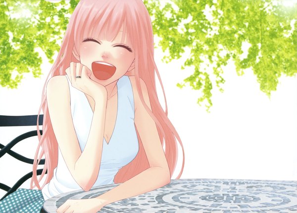 Anime picture 4029x2886 with vocaloid just be friends (vocaloid) megurine luka yunomi (yunomi imonuy) single long hair highres breasts smile pink hair absurdres cleavage outdoors eyes closed sleeveless happy alternate hairstyle checkered chin rest laughing