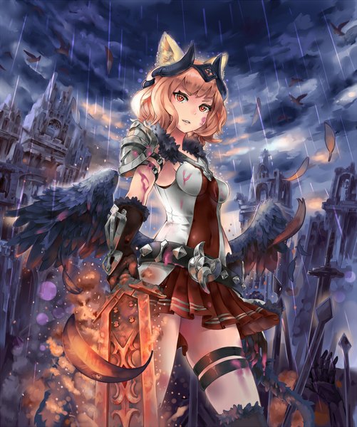 Anime picture 710x850 with original mitu single tall image looking at viewer short hair brown hair brown eyes horn (horns) rain destruction girl skirt hair ornament weapon miniskirt sword wings feather (feathers)