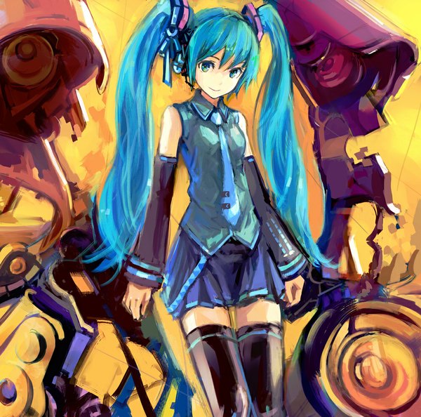 Anime picture 1000x991 with vocaloid hatsune miku conjaku single long hair looking at viewer smile twintails aqua eyes aqua hair girl thighhighs skirt black thighhighs detached sleeves necktie
