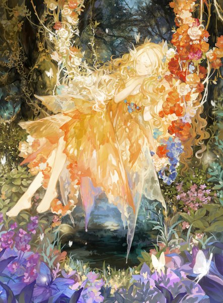 Anime picture 900x1221 with original noir (ibaraki) single long hair tall image blonde hair sitting eyes closed barefoot fantasy girl dress flower (flowers) plant (plants) tree (trees) insect butterfly vines