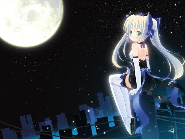 Anime picture 1360x1024 with sdwing blush twintails sky moon