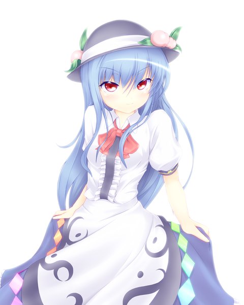 Anime picture 1000x1249 with touhou hinanawi tenshi twin tail rabbit single long hair tall image simple background red eyes white background blue hair girl dress hat peach