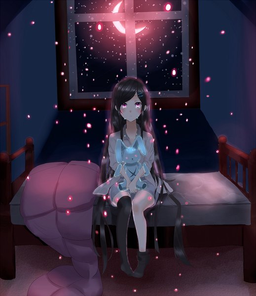 Anime picture 1000x1155 with original amekawa setsu single tall image looking at viewer black hair sitting very long hair pink eyes night sparkle night sky tears crying crescent red moon girl thighhighs hair ornament black thighhighs