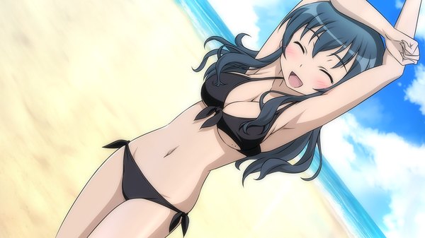 Anime picture 1280x720 with ore no imouto ga konna ni kawaii wake ga nai makishima saori long hair blush open mouth light erotic wide image game cg cloud (clouds) eyes closed grey hair beach girl navel swimsuit bikini sea black bikini