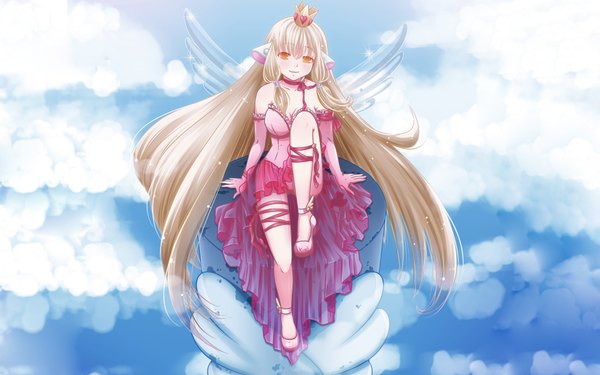 Anime picture 1920x1200 with chobits chii tagme (artist) single long hair looking at viewer blush highres light erotic blonde hair smile wide image bare shoulders animal ears sky cloud (clouds) girl dress gloves hair ornament