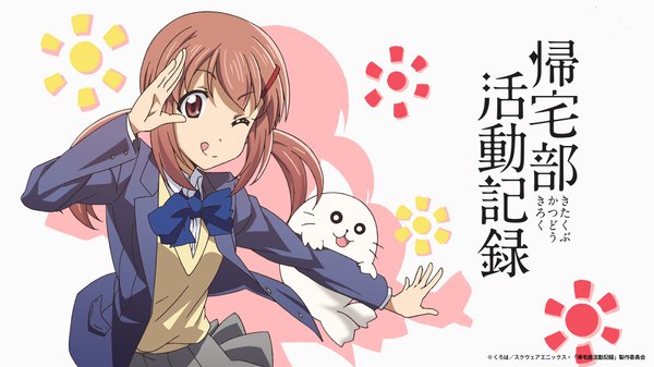 Anime picture 1920x1080 with kitakubu katsudou kiroku azarashi (kitakubu katsudou kiroku) long hair looking at viewer fringe highres simple background smile brown hair wide image white background twintails brown eyes one eye closed wink inscription hieroglyph girl uniform hair ornament