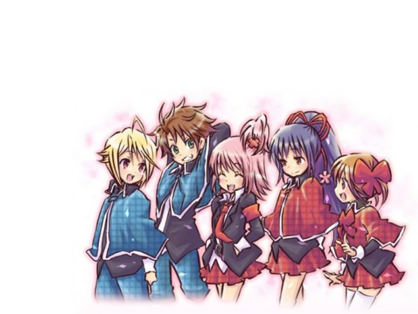 Anime picture 1280x960 with shugo chara! hinamori amu yuiki yaya hotori tadase fujisaki nagihiko soma kukai short hair simple background blonde hair brown hair white background brown eyes green eyes blue hair pink hair ponytail tail group otoko no ko uniform