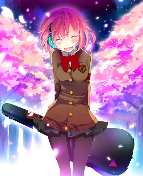 Anime picture 1300x1600 with vocaloid megurine luka temari (deae) single long hair tall image blush short hair open mouth blue eyes pink hair eyes closed night cherry blossoms happy music girl skirt uniform plant (plants)