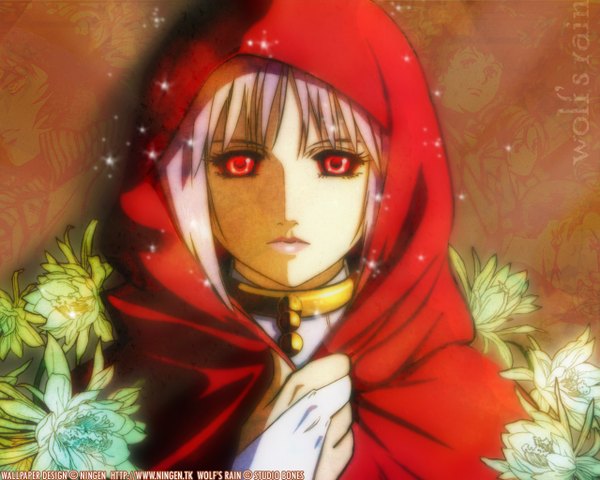 Anime picture 1280x1024 with wolfs rain studio bones cheza short hair red eyes signed pink hair inscription girl flower (flowers) hood cloak collar