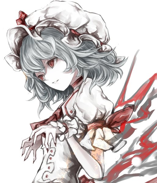 Anime picture 930x1086 with touhou remilia scarlet yutapon single tall image fringe short hair simple background red eyes white background looking away nail polish fingernails grey hair puffy sleeves long fingernails girl bonnet