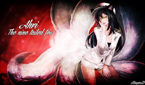 Anime picture 2430x1434 with league of legends ahri (league of legends) xrazerxd single long hair highres black hair wide image animal ears yellow eyes facial mark multiple tails whisker markings girl