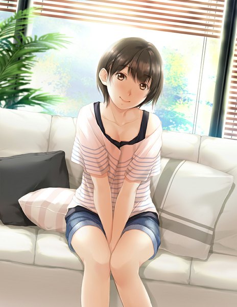 Anime picture 817x1056 with original n69 single tall image looking at viewer short hair black hair sitting brown eyes girl shorts pillow couch t-shirt