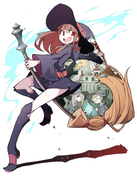 Anime picture 2302x3000 with little witch academia studio trigger kagari atsuko sucy manbavaran yansson lotte tansuke long hair tall image fringe highres short hair open mouth simple background blonde hair smile red eyes brown hair white background multiple girls light smile