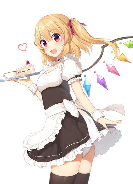 Anime picture 2085x2873 with touhou flandre scarlet yada (xxxadaman) single long hair tall image looking at viewer blush fringe highres open mouth light erotic blonde hair simple background smile hair between eyes red eyes standing white background ass
