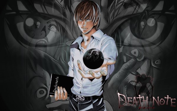 Anime picture 2560x1600 with death note madhouse yagami light ryuk looking at viewer highres short hair smile brown hair wide image brown eyes inscription boy shirt earth notebook