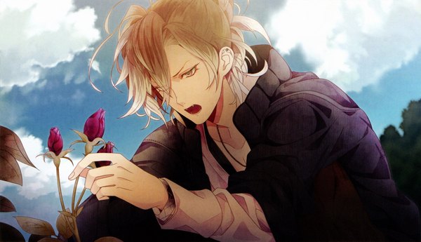 Anime picture 2048x1179 with diabolik lovers idea factory mukami yuuma satoi (artist) single highres short hair open mouth blonde hair wide image brown eyes sky cloud (clouds) teeth fang (fangs) piercing squat nature vampire boy