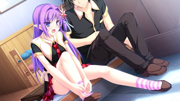 Anime picture 1920x1080 with maikaze no melt kureha (maikaze no melt) tenmaso long hair highres short hair open mouth blue eyes black hair wide image game cg purple hair pointy ears pantyshot pantyshot sitting girl boy underwear panties socks