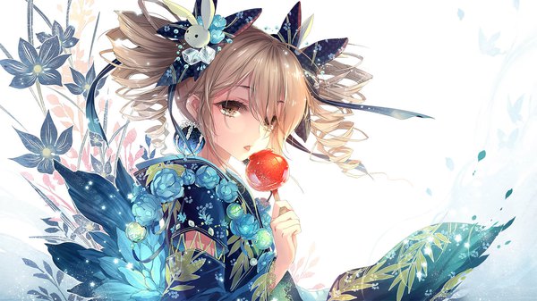 Anime picture 1600x900 with benghuai xueyuan honkai (series) bronya zaychik kieta single looking at viewer fringe short hair blonde hair brown hair wide image twintails holding brown eyes upper body ahoge traditional clothes japanese clothes hair flower floral print