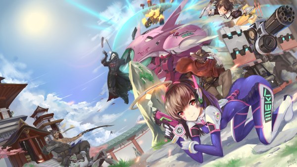 Anime picture 4800x2700 with overwatch blizzard entertainment d.va (overwatch) mercy (overwatch) tracer (overwatch) meka (overwatch) pharah (overwatch) hanzo (overwatch) genji (overwatch) mccree (overwatch) reaper (overwatch) lucio (overwatch) torbjorn (overwatch) bastion (overwatch) ganymede (overwatch) huali long hair looking at viewer highres short hair