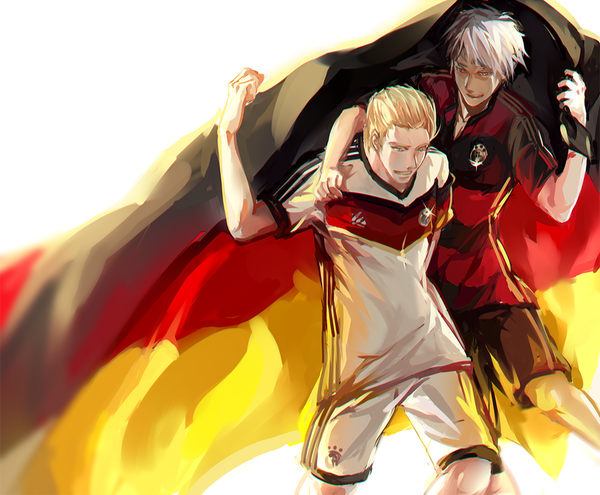 Anime picture 1000x825 with axis powers hetalia studio deen world cup 2014 fifa world cup prussia (hetalia) germany (hetalia) diste fringe short hair blonde hair simple background smile white background holding silver hair bent knee (knees) multiple boys dark skin looking down happy