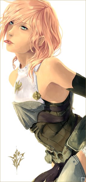 Anime picture 1574x3307 with final fantasy xiii lightning farron olean (kaoleanite) single tall image fringe short hair blue eyes simple background blonde hair white background bare shoulders holding leaning leaning forward mouth hold girl gloves petals elbow gloves