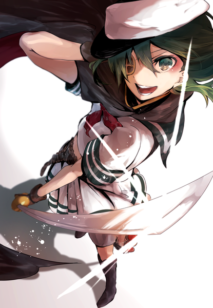 Anime picture 900x1300 with kantai collection kiso light cruiser miwano rag single tall image looking at viewer short hair open mouth simple background white background green hair from above girl skirt gloves weapon hat miniskirt sword cape