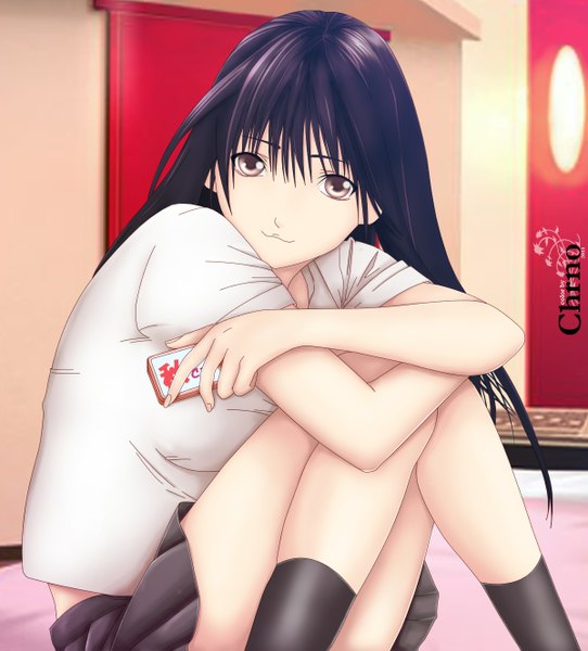 Anime picture 1200x1329 with ane doki hagiwara natsuki lchrno single long hair tall image looking at viewer black hair brown eyes :3 girl skirt socks black socks