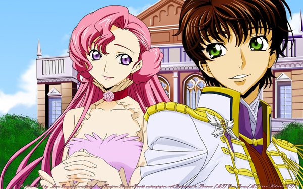 Anime picture 1920x1200 with code geass sunrise (studio) kururugi suzaku euphemia li britannia long hair fringe highres short hair smile brown hair green eyes looking away pink hair sky purple hair cloud (clouds) outdoors lips girl boy