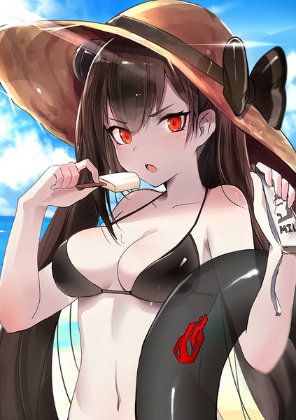 Anime picture 800x1134 with girls frontline ouroboros (girls frontline) luse maonang long hair tall image looking at viewer fringe breasts light erotic hair between eyes red eyes brown hair bare shoulders holding sky cloud (clouds) upper body outdoors sunlight beach