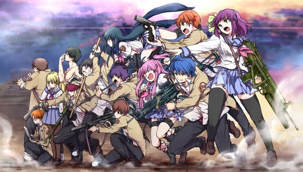 Anime picture 1680x960 with angel beats! key (studio) nakamura yuri yui (angel beats!) otonashi yuzuru hinata hideki yusa (angel beats!) tk (angel beats!) takamatsu matsushita ooyama noda fujimaki shiina takeyama long hair short hair open mouth blue eyes black hair