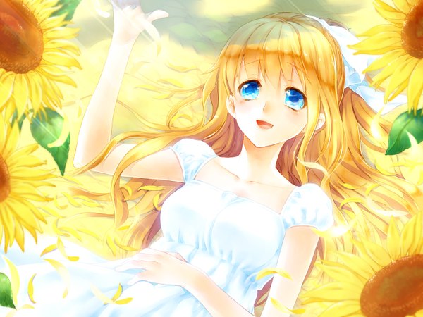 Anime picture 1400x1050 with air key (studio) kamio misuzu mada (mk333) single long hair open mouth blue eyes blonde hair girl dress flower (flowers) petals sunflower