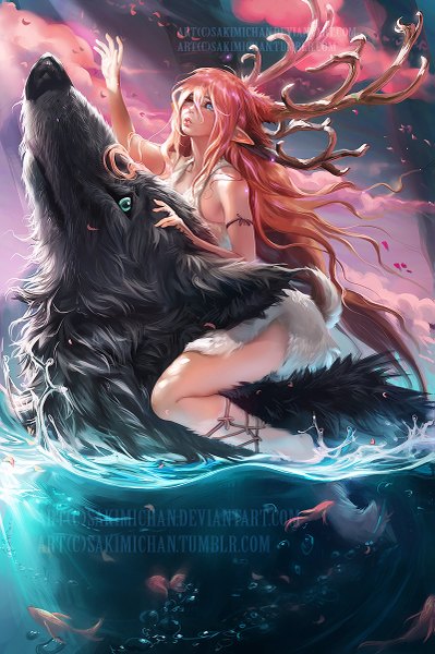 Anime picture 799x1200 with original sakimichan single long hair tall image blush fringe open mouth blue eyes hair between eyes sitting bare shoulders signed looking away pink hair sky cloud (clouds) ahoge bent knee (knees) one eye closed