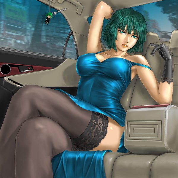 Anime picture 1200x1200 with one-punch man madhouse tatsumaki fubuki (one-punch man) toten (artist) single looking at viewer fringe short hair breasts blue eyes light erotic large breasts sitting parted lips head tilt green hair shadow armpit (armpits) lipstick