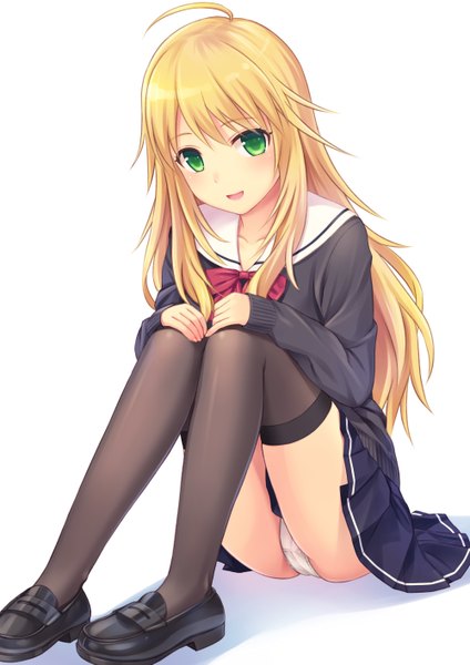 Anime picture 1000x1415 with idolmaster hoshii miki n.g. single long hair tall image looking at viewer blush open mouth light erotic blonde hair sitting green eyes girl skirt uniform underwear panties school uniform miniskirt