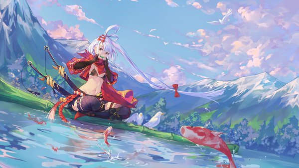 Anime picture 1920x1080 with original criin long hair highres light erotic wide image sitting holding sky cloud (clouds) outdoors white hair pleated skirt bare belly mountain flying dual wielding girl skirt navel