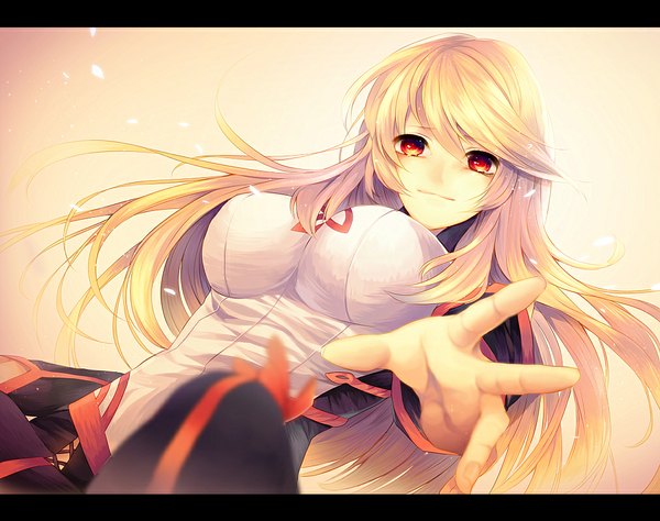 Anime picture 1012x800 with ragi (pluie) single long hair looking at viewer breasts light erotic blonde hair smile red eyes large breasts from below looking down girl petals