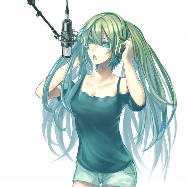 Anime picture 1500x1500 with vocaloid hatsune miku selea (artist) single long hair open mouth simple background white background twintails looking away aqua eyes aqua hair girl shorts headphones microphone