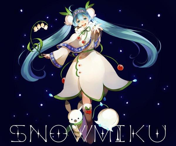 Anime picture 1273x1056 with vocaloid hatsune miku yuki miku rabbit yukine yuki miku (2015) moocho single long hair looking at viewer open mouth blue eyes simple background twintails blue hair ahoge hair flower character names outstretched arm dark background treble clef