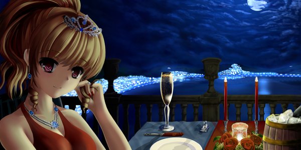 Anime picture 2000x1000 with original furai (blay) single looking at viewer highres short hair blonde hair wide image cloud (clouds) pink eyes night girl dress flower (flowers) earrings rose (roses) pendant moon tiara candle (candles)