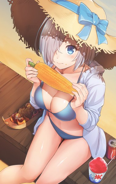 Anime picture 900x1418 with kantai collection hamakaze destroyer konnyaku (kk-monmon) single tall image blush fringe short hair breasts blue eyes light erotic large breasts sitting holding silver hair from above hair over one eye open clothes shadow beach