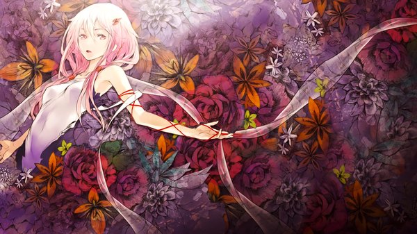 Anime picture 1920x1080 with guilty crown production i.g yuzuriha inori redjuice single long hair looking at viewer fringe highres open mouth hair between eyes wide image twintails bare shoulders pink hair pink eyes low twintails girl hair ornament flower (flowers)