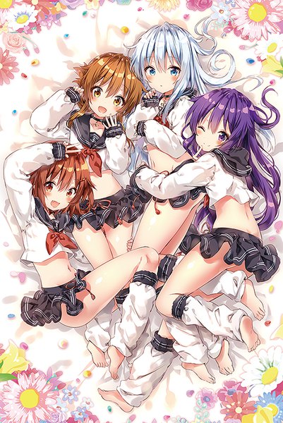 Anime picture 535x800 with kantai collection hibiki destroyer akatsuki destroyer inazuma destroyer ikazuchi destroyer riichu long hair tall image looking at viewer blush short hair open mouth blue eyes light erotic smile brown hair purple eyes multiple girls brown eyes yellow eyes